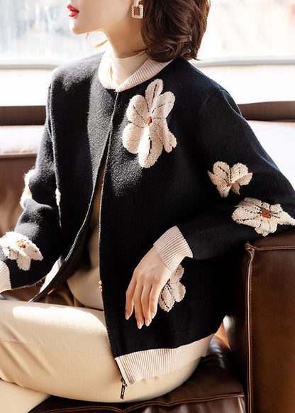 Black Stand Collar Embroideried Woolen Coats Long Sleeve