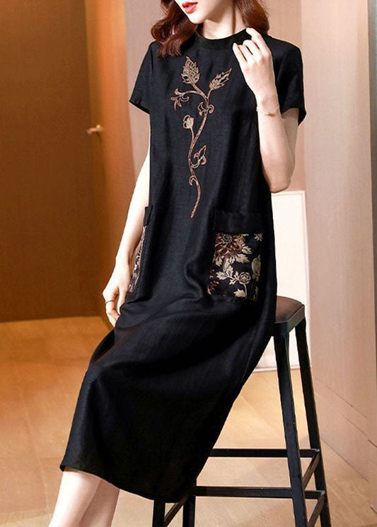 Black Stand Collar Embroideried Pockets Silk Dresses Summer