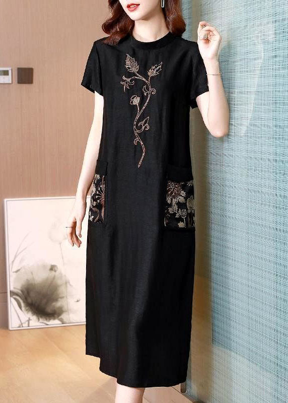 Black Stand Collar Embroideried Pockets Silk Dresses Summer