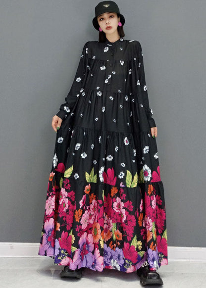 Black Stand Collar Print Cotton Long Dress Long Sleeve