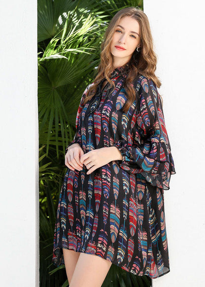 Black Stand Collar Lace Up Print Chiffon Dress Butterfly Sleeve