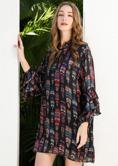 Black Stand Collar Lace Up Print Chiffon Dress Butterfly Sleeve