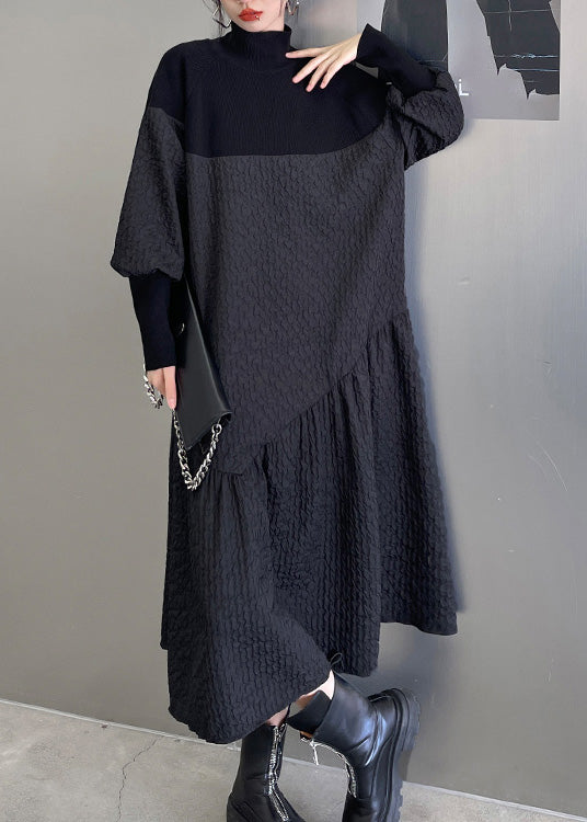 Black Stand Collar Patchwork Knit a Line Long Dresses Winter