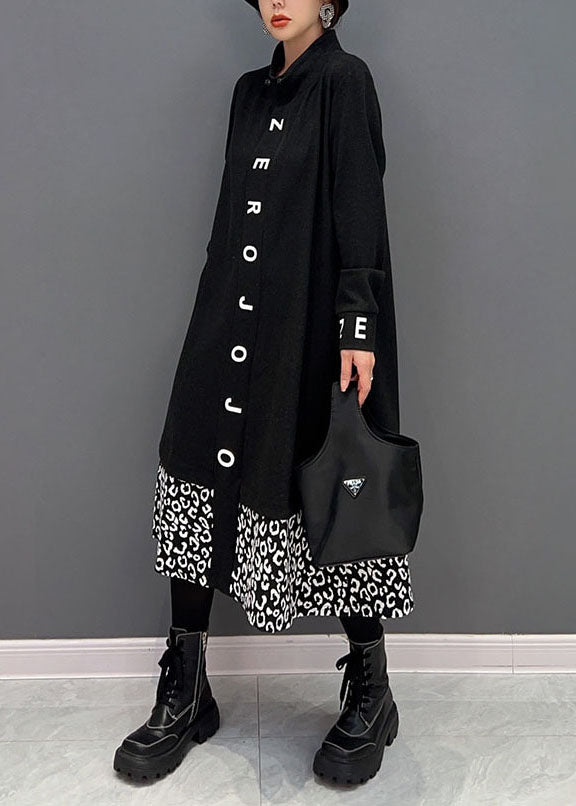 Black Stand Collar Patchwork Print Cotton Vacation Dresses Spring