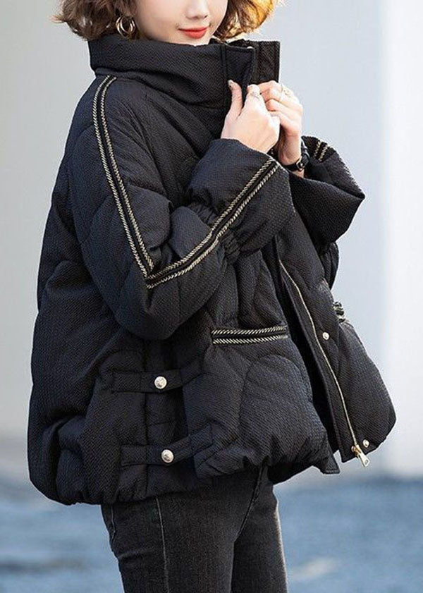 Black Stand Collar Zippered Duck Down Down Jacket Winter