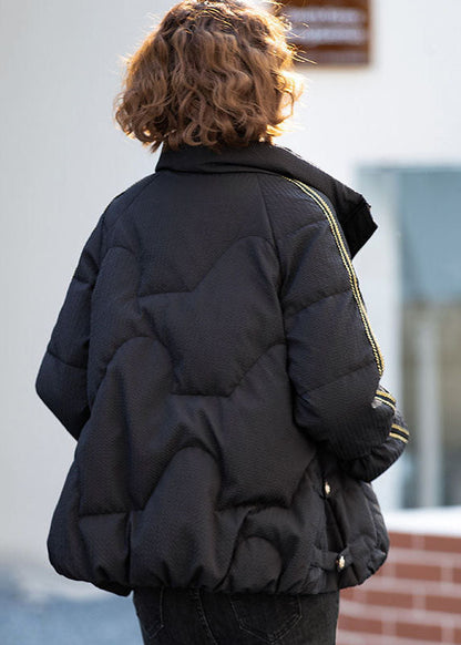 Black Stand Collar Zippered Duck Down Down Jacket Winter