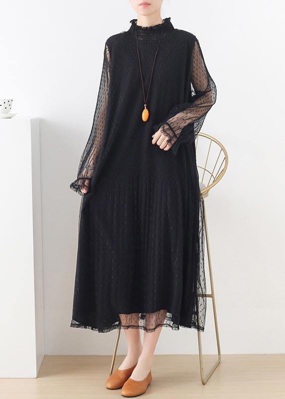 Black Stand Long Sleeve Ankle Summer Chiffon Dress