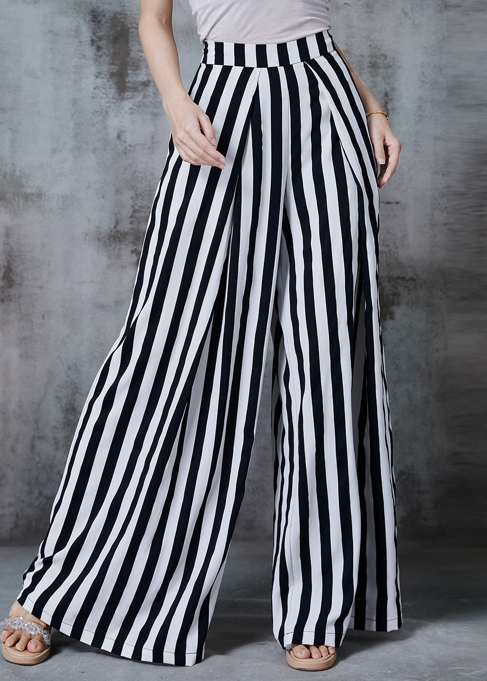 Black Striped Chiffon Wide Leg Pants Spring