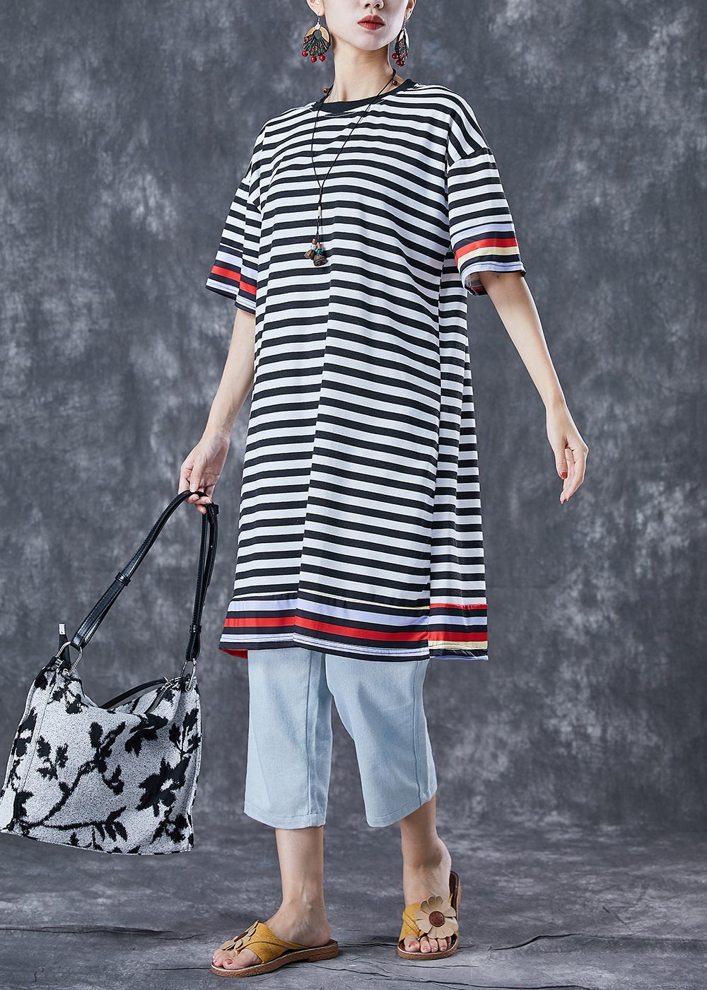 Black Striped Ice Silk Knit Vacation Dresses Summer