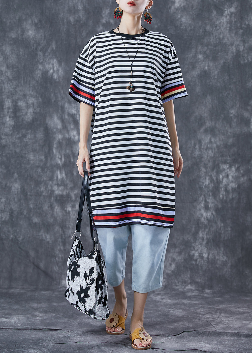 Black Striped Ice Silk Knit Vacation Dresses Summer