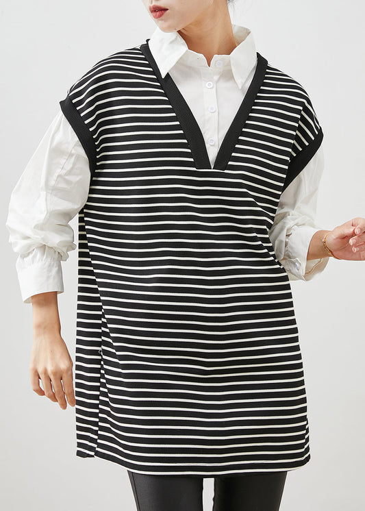Black Striped Patchwork Cotton Shirt Dress Spring