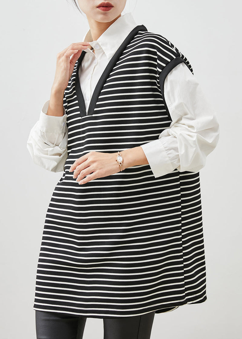 Black Striped Patchwork Cotton Shirt Dress Spring