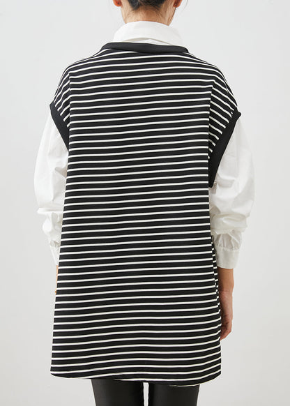 Black Striped Patchwork Cotton Shirt Dress Spring