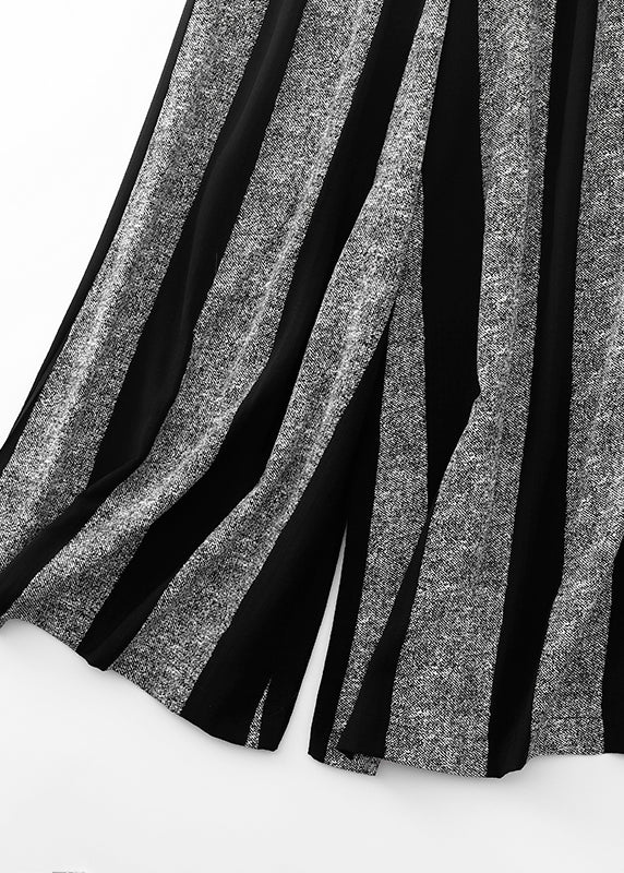 Black Striped Patchwork Cotton Wide Leg Pants Spring