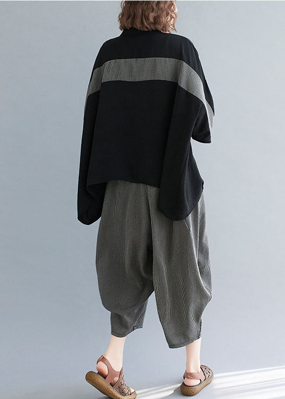 Black Striped Patchwork Stand Collar Tops and Pants Cotton Two Pieces Set Summer