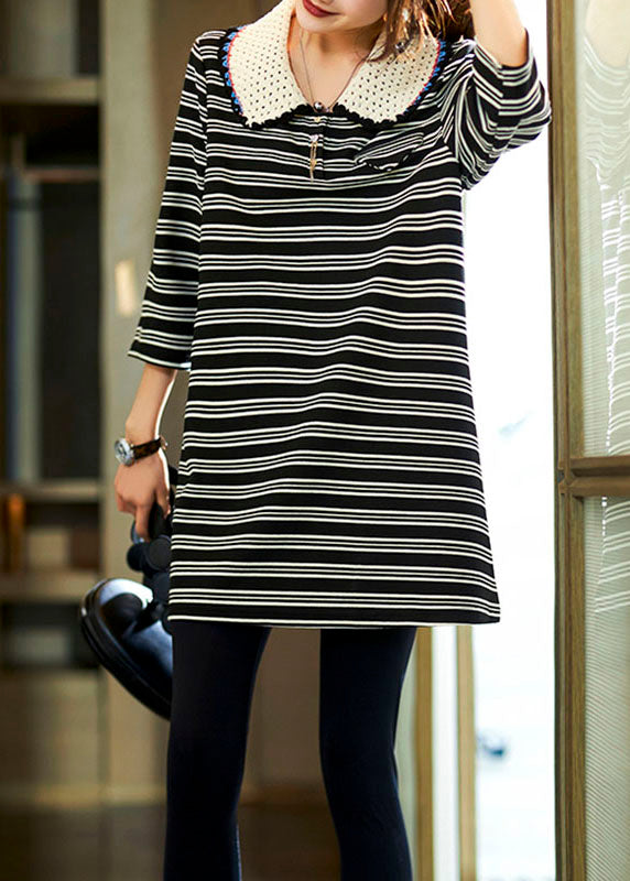 Black Striped Peter Pan Collar Cotton Top Fall