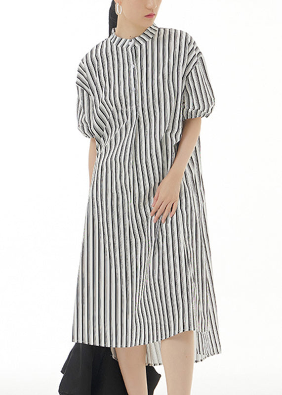 Black Striped Side Open Cotton Vacation Long Shirt Dresses Summer