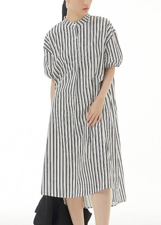 Black Striped Side Open Cotton Vacation Long Shirt Dresses Summer
