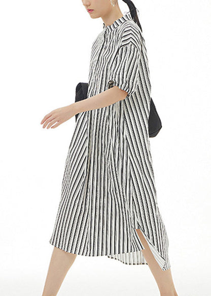 Black Striped Side Open Cotton Vacation Long Shirt Dresses Summer