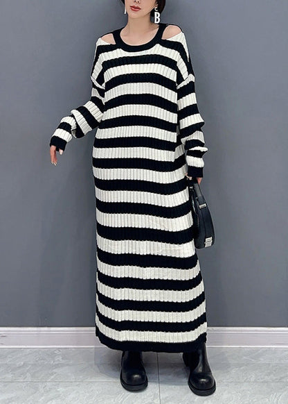 Black Striped Side Open Patchwork Knit Cardigan Fall