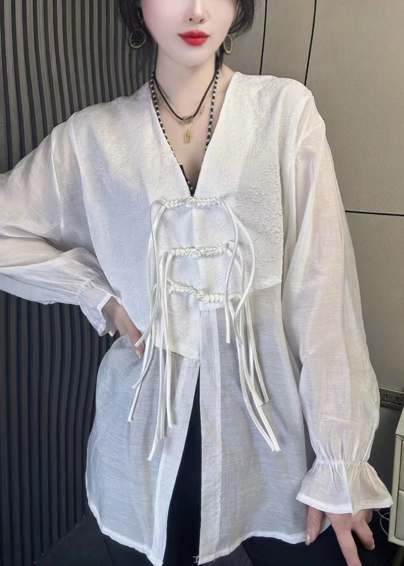 Black Tasseled Chinese Button Patchwork Chiffon Shirt Tops Fall