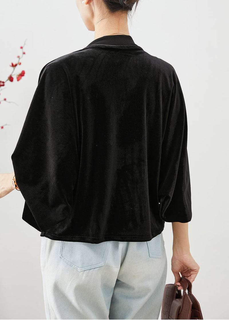 Black Tasseled Chinese Button Silk Velour Coats Fall