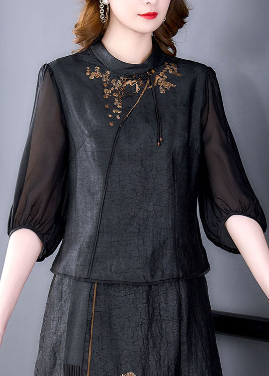 Black Tasseled Embroideried Patchwork Silk Top Summer