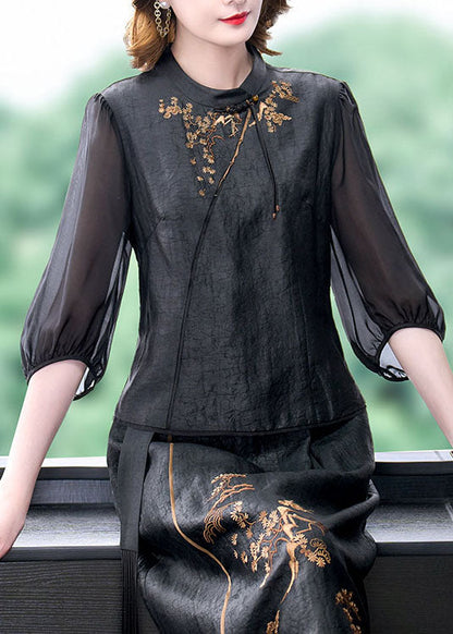 Black Tasseled Embroideried Patchwork Silk Top Summer