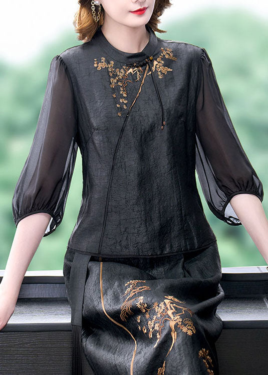 Black Tasseled Embroideried Patchwork Silk Top Summer