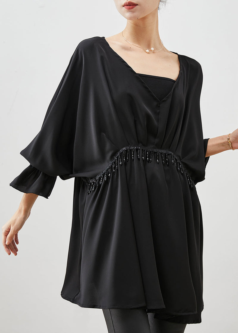 Black Tasseled Exra Large Hem Chiffon Shirt Top Spring