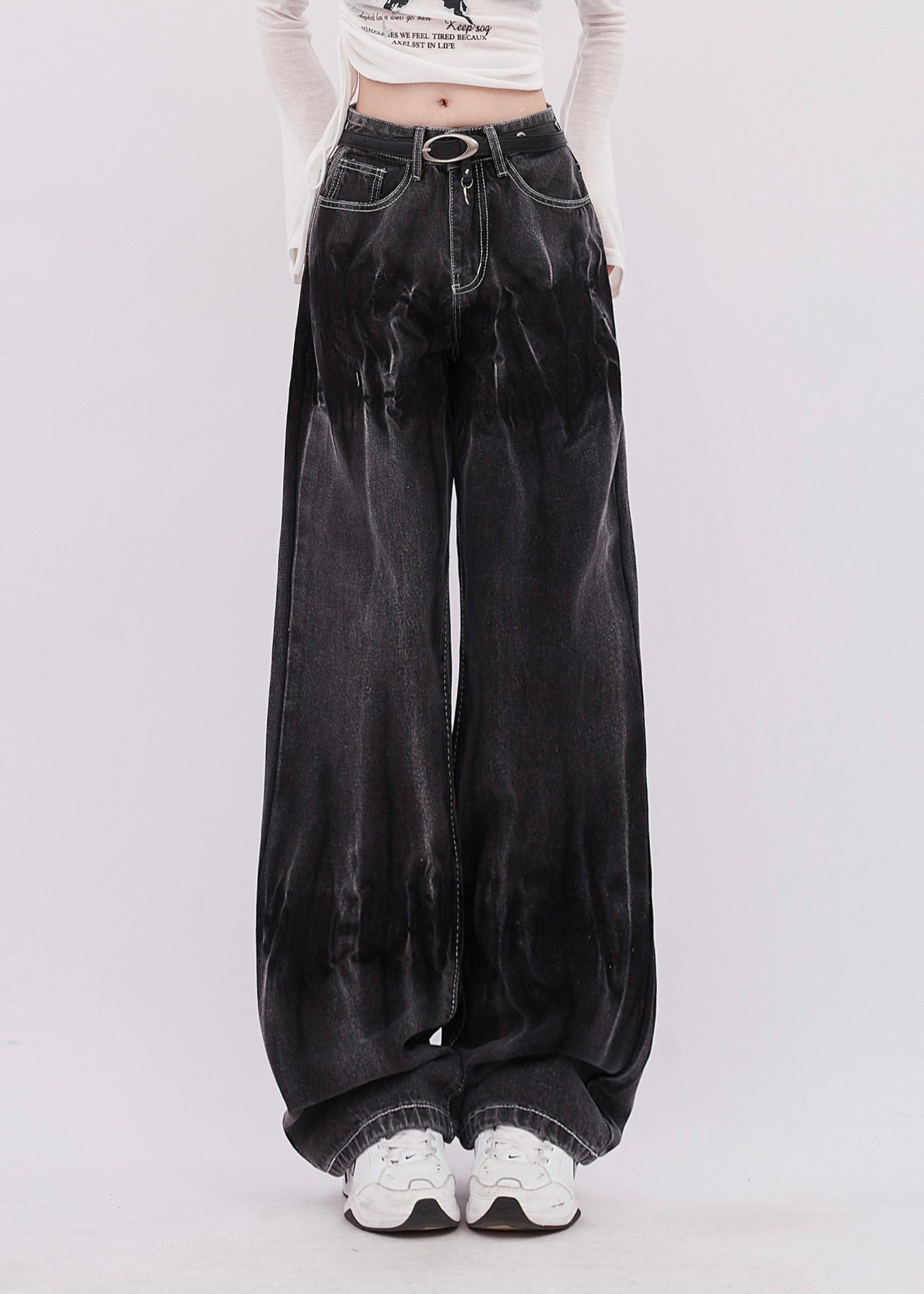 Black Tie Dye Denim Straight Pants Spring