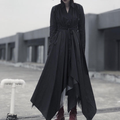 Black Tunic Pattern V Neck Asymmetric Robe Spring Dress