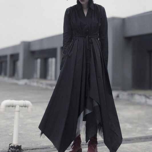 Black Tunic Pattern V Neck Asymmetric Robe Spring Dress