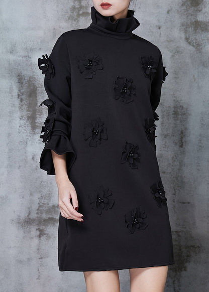 Black Turtle Neck Cotton Dress Flare Sleeve