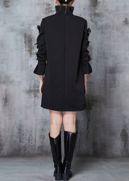 Black Turtle Neck Cotton Dress Flare Sleeve