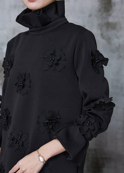 Black Turtle Neck Cotton Dress Flare Sleeve