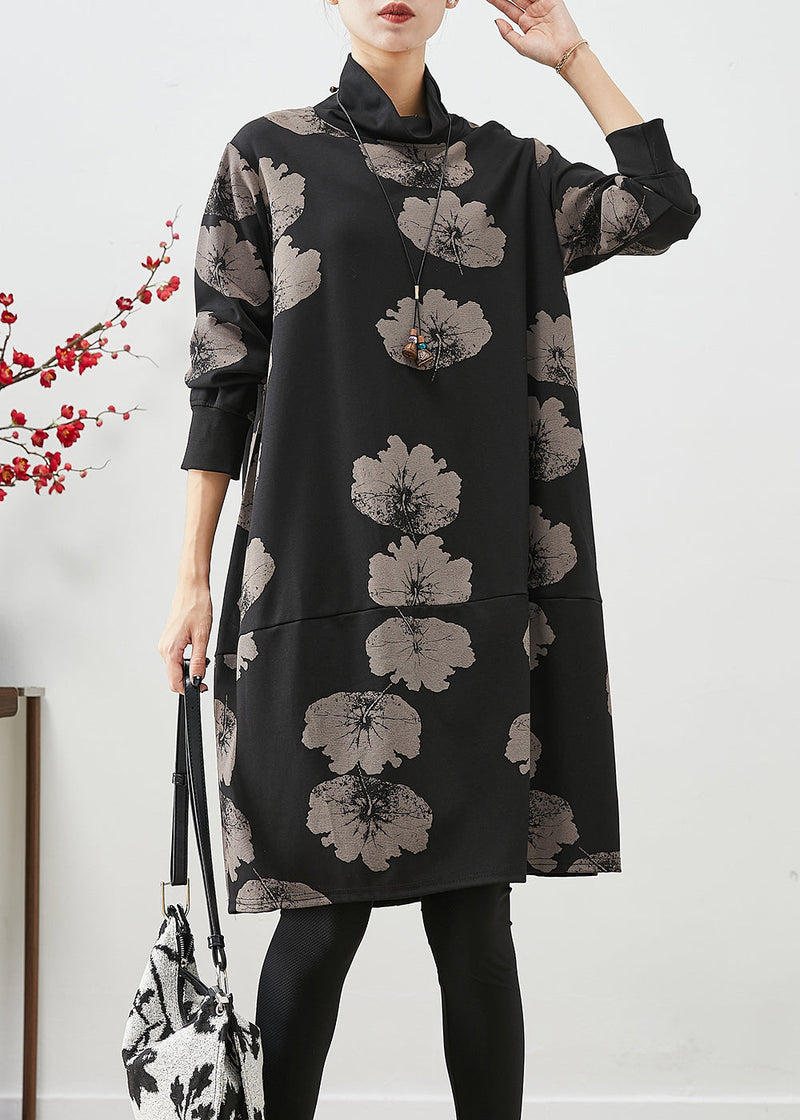 Black Turtle Neck Print Cotton Dresses Fall
