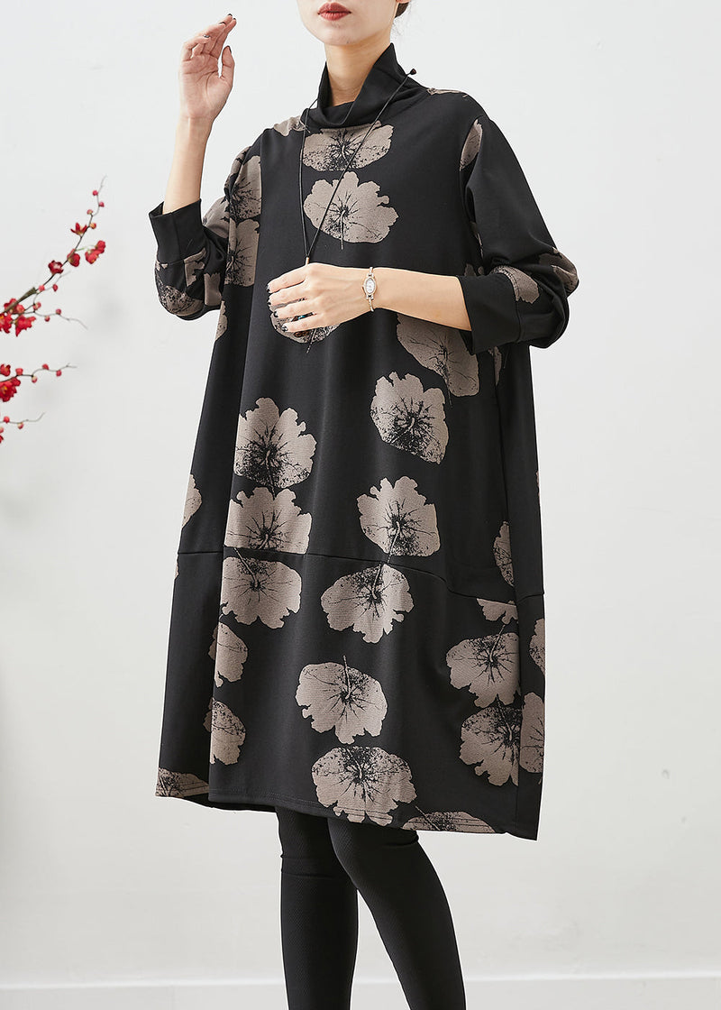 Black Turtle Neck Print Cotton Dresses Fall