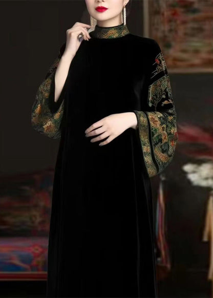 Black Turtleneck Print Patchwork Silk Long Dresses Fall