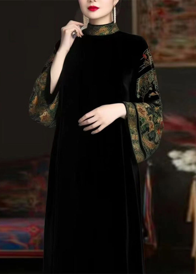 Black Turtleneck Print Patchwork Silk Long Dresses Fall