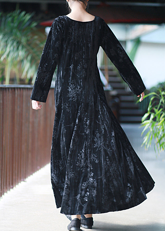 Black U Neck Print Velvet Long Dresses Spring
