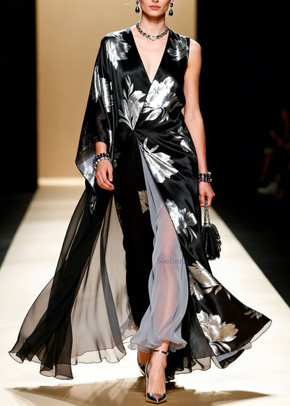 Black V Neck Asymmetrical Design Patchwork Chiffon Dress Summer