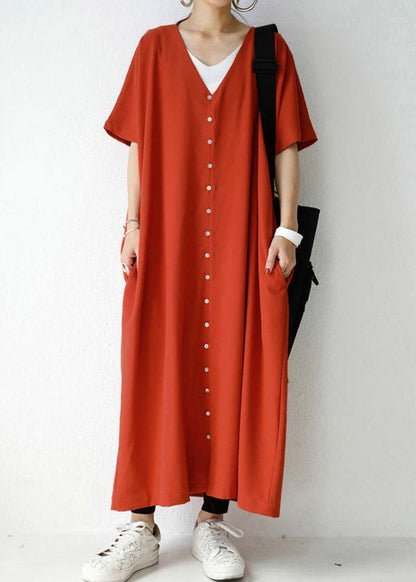 Black V Neck Button Maxi Dress Short Sleeve