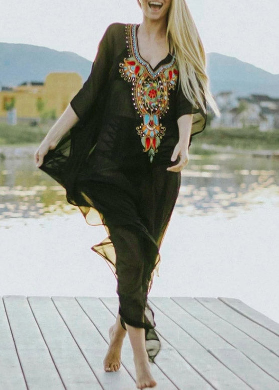 Black V Neck Embroideried Chiffon Long Beach Dresses Batwing Sleeve