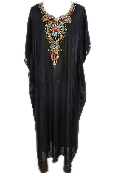Black V Neck Embroideried Chiffon Long Beach Dresses Batwing Sleeve