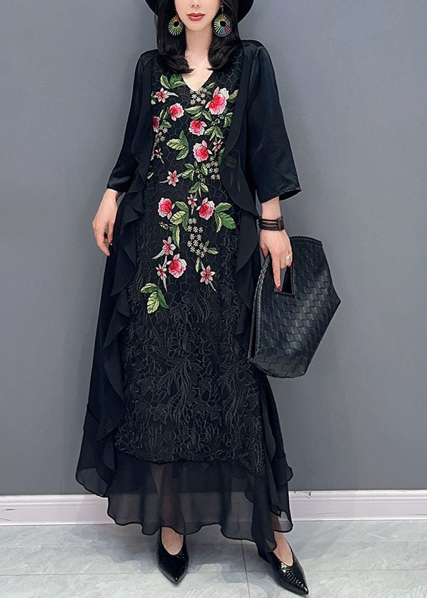Black V Neck Embroideried Patchwork Chiffon Long Dress Summer
