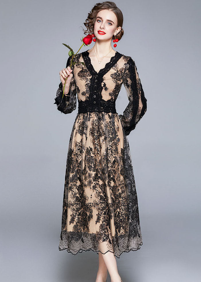 Black V Neck Embroideried Patchwork Tulle Dresses Long Sleeve