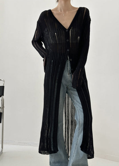 Black V Neck Hollow Out Ice Silk Knit Cardigan Spring