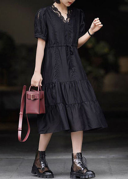 Black V Neck Lace Patchwork Chiffon Dresses Summer