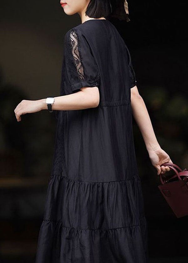 Black V Neck Lace Patchwork Chiffon Dresses Summer